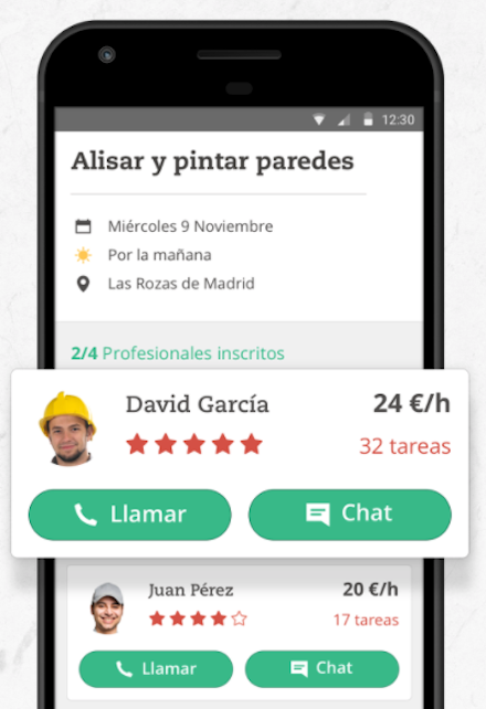 Interfaz de la aplicación Jobin para buscar un manitas por el hogar Interfaz de la aplicación Jobin para buscar un manitas por el hogar