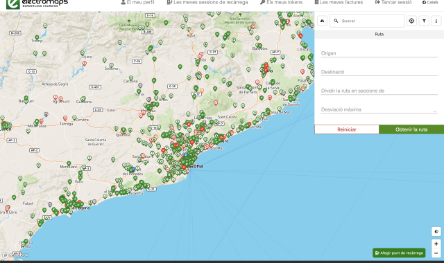 Imatge del mapa amb tots els punts de recàrrega d'Electromaps