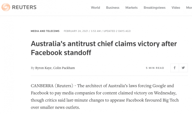 Reuters sobre Austràlia i Facebook