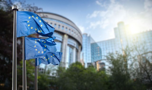 Banderas de la Unión Europea frente al Parlamento de Bruselas | iStock