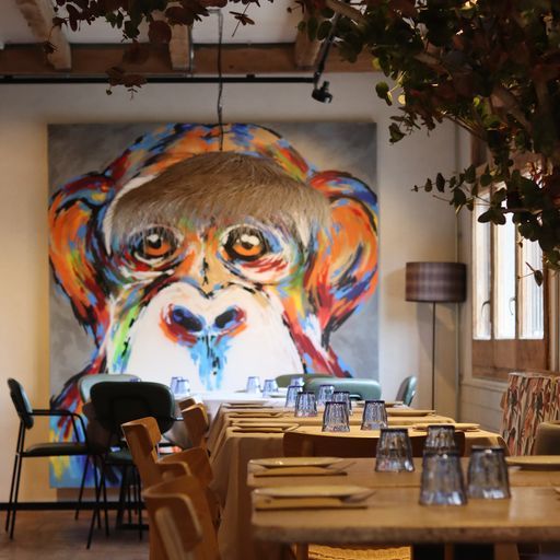 L’enorme quadre amb la cara d’un simi que decora el menjador principal | Cedida