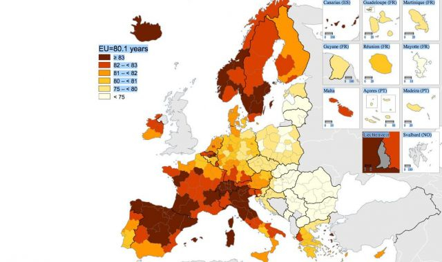 Mapa de l'esperança de vida en néixer a Europa | Eurostad