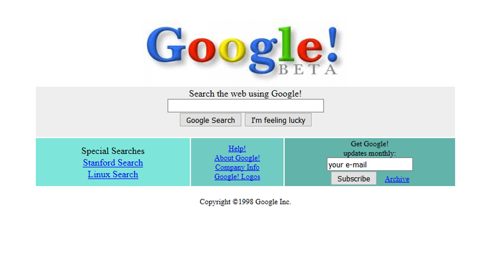 Primera 'home' de Google, en el año 1998 