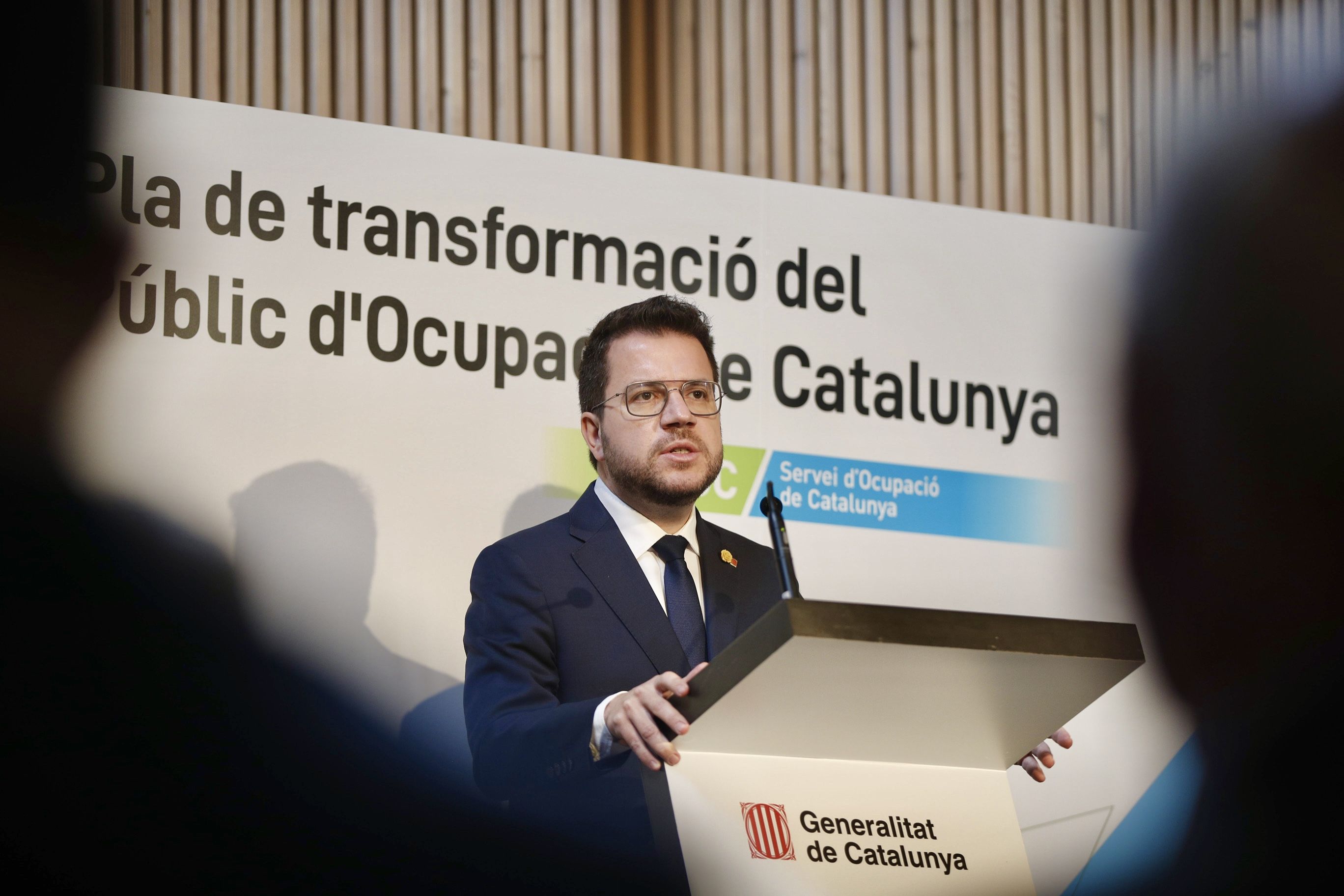 El president Pere Aragonès, durant la presentació del Pla de transformació del Servei Públic d’Ocupació de Catalunya (SOC) | Beth Mägre El president Pere Aragonès, durant la presentació del Pla de transformació del Servei Públic d’Ocupació de Catalunya (SOC) | Beth Mägre