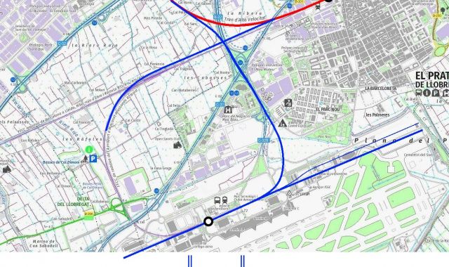 Línia d'Alta Velocitat. En color vermell es mostra la traça actual i en blau el bucle de substitució de l'arc