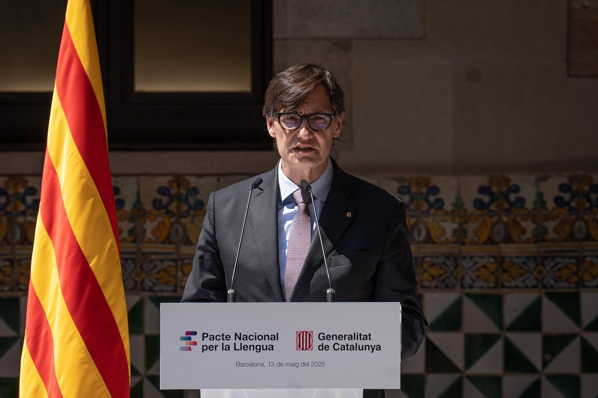 El president de la Generalitat, Salvador Illa, intervé durant la signatura del Pacte Nacional per la Llengua | EP El president de la Generalitat, Salvador Illa, intervé durant la signatura del Pacte Nacional per la Llengua | EP