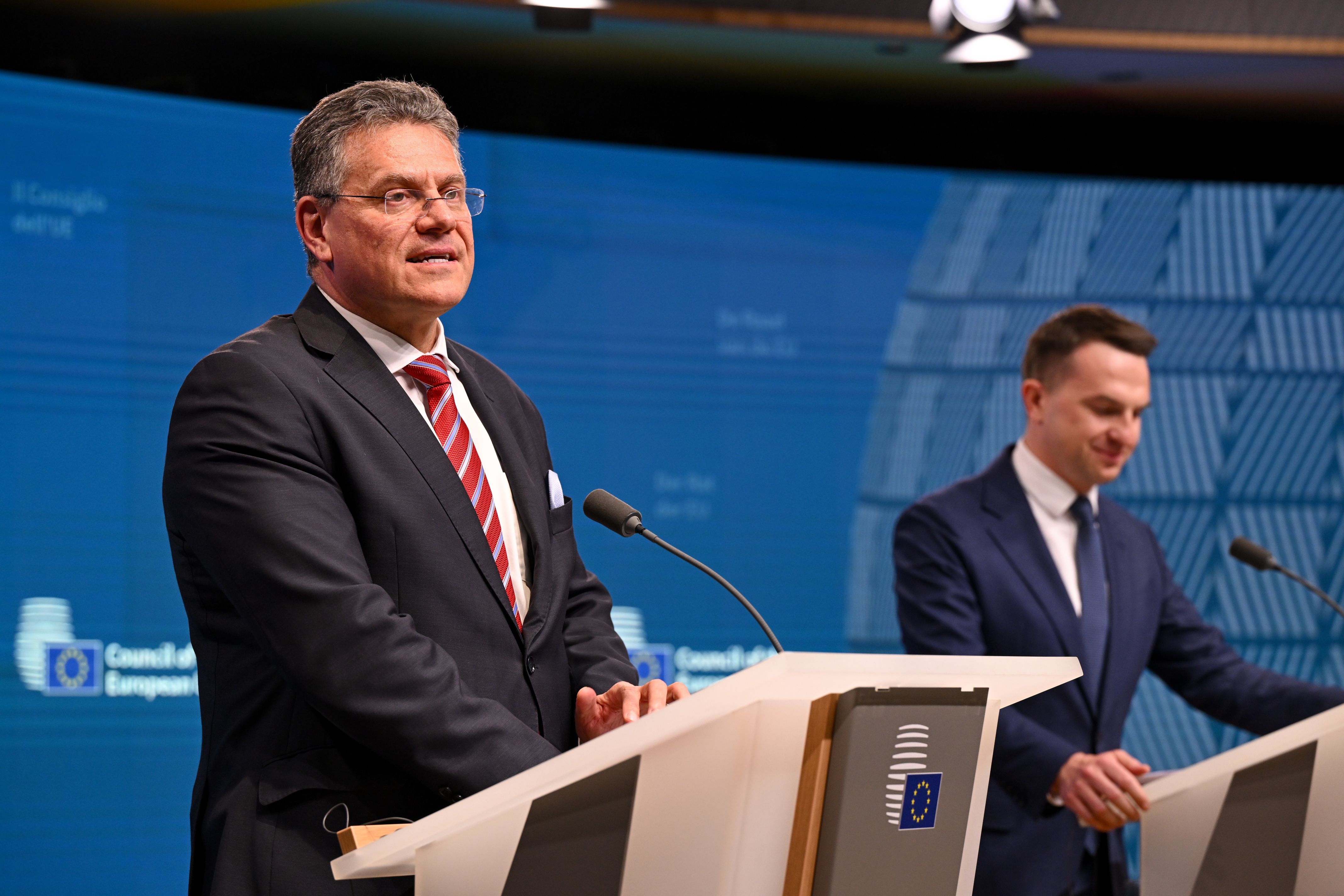 El eurocomisario de Comercio, Maros Sefcovic, durante una rueda de prensa en Bruselas | ACN El eurocomisario de Comercio, Maros Sefcovic, durante una rueda de prensa en Bruselas | ACN