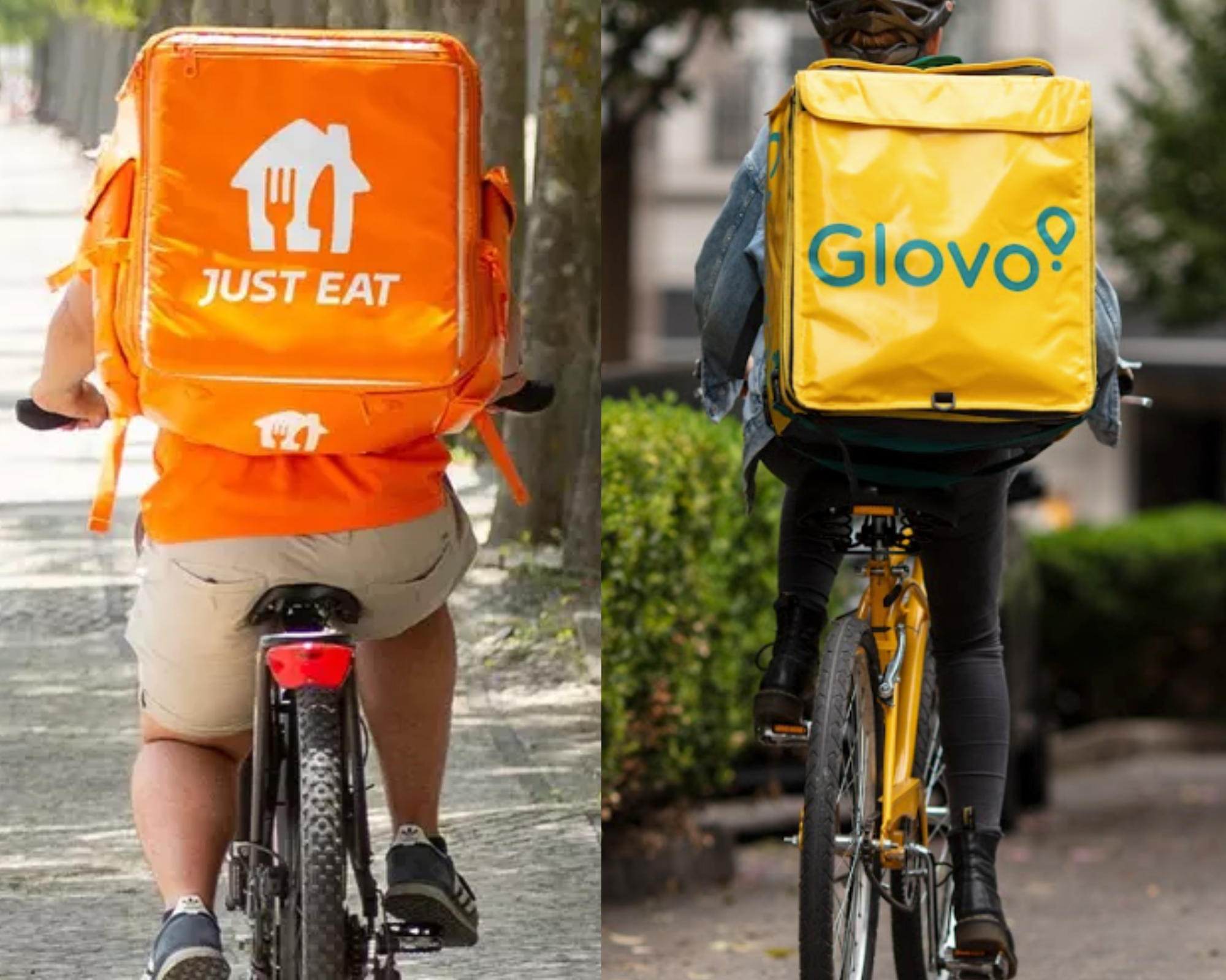 Collage de dos repartidors, un de Just Eat i un altre de Glovo | VIA Empresa