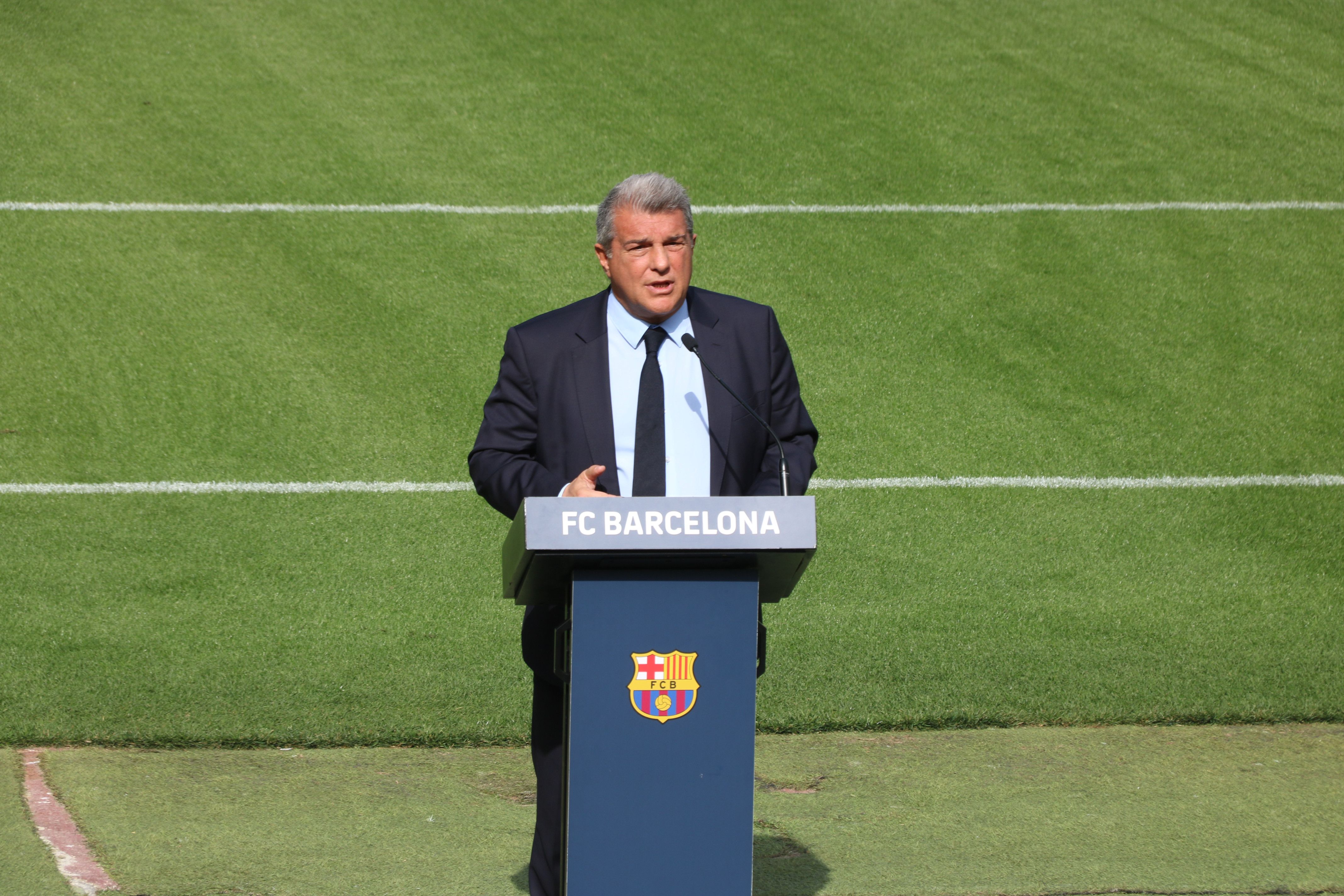 Joan Laporta, president del Futbol Club Barcelona, en la presentació del nou sistema de vigilància de l'espai aeri a l'Spotify Camp Nou | ACN