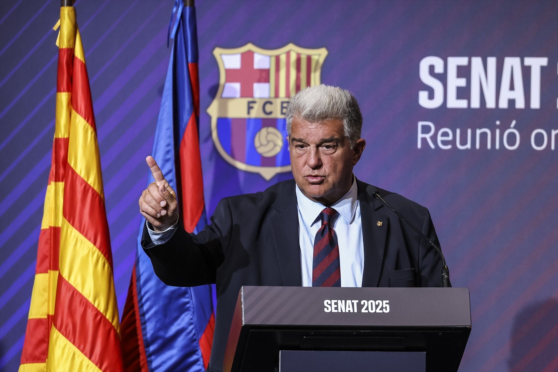 Joan Laporta durant una intervenció al Senat 2025 del FC Barcelona | Europa Press