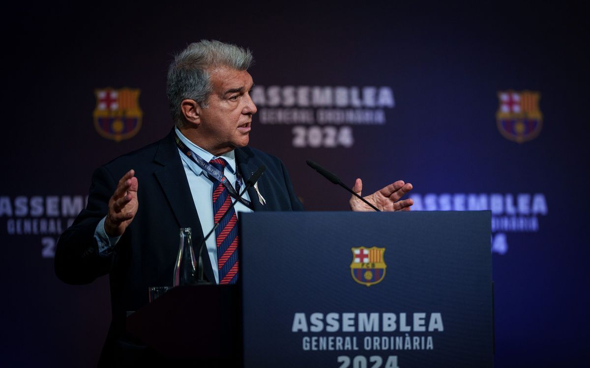 Joan Laporta, durant l'Assemblea General Ordinària del FC Barcelona de 2024 | FC Barcelona