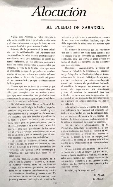 Alocució de l'alcalde de Sabadell l'any 1926, quan el Banc Sabadell va estar a punt de desaparèixer | Manel Camps