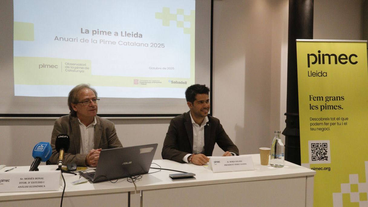 El president de Pimec Lleida, Borja Solans, i el director d'Estudis i Anàlisi Econòmica de Pimec, Moisès Bonal, durant la presentació de les dades de l''Anuari de la Pime Catalana 2025' | Roger Segura / ACN El president de Pimec Lleida, Borja Solans, i el director d'Estudis i Anàlisi Econòmica de Pimec, Moisès Bonal, durant la presentació de les dades de l''Anuari de la Pime Catalana 2025' | Roger Segura / ACN