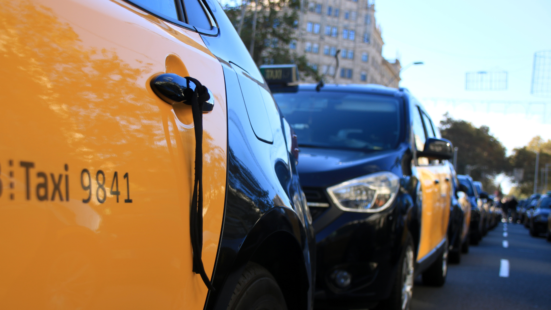 Un crespó en una de les portes d'un taxi que ha ocupat la Gran Via, a Barcelona | Albert Hernàndez (ACN)