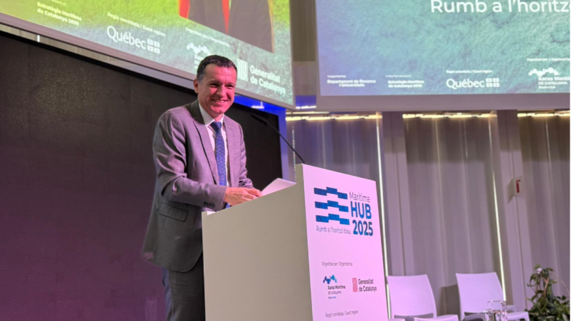 El conseller d’Agricultura, Ramaderia, Pesca i Alimentació, Òscar Ordeig, durant la seva intervenció al congrés Maritime Hub 2025 | Cedida