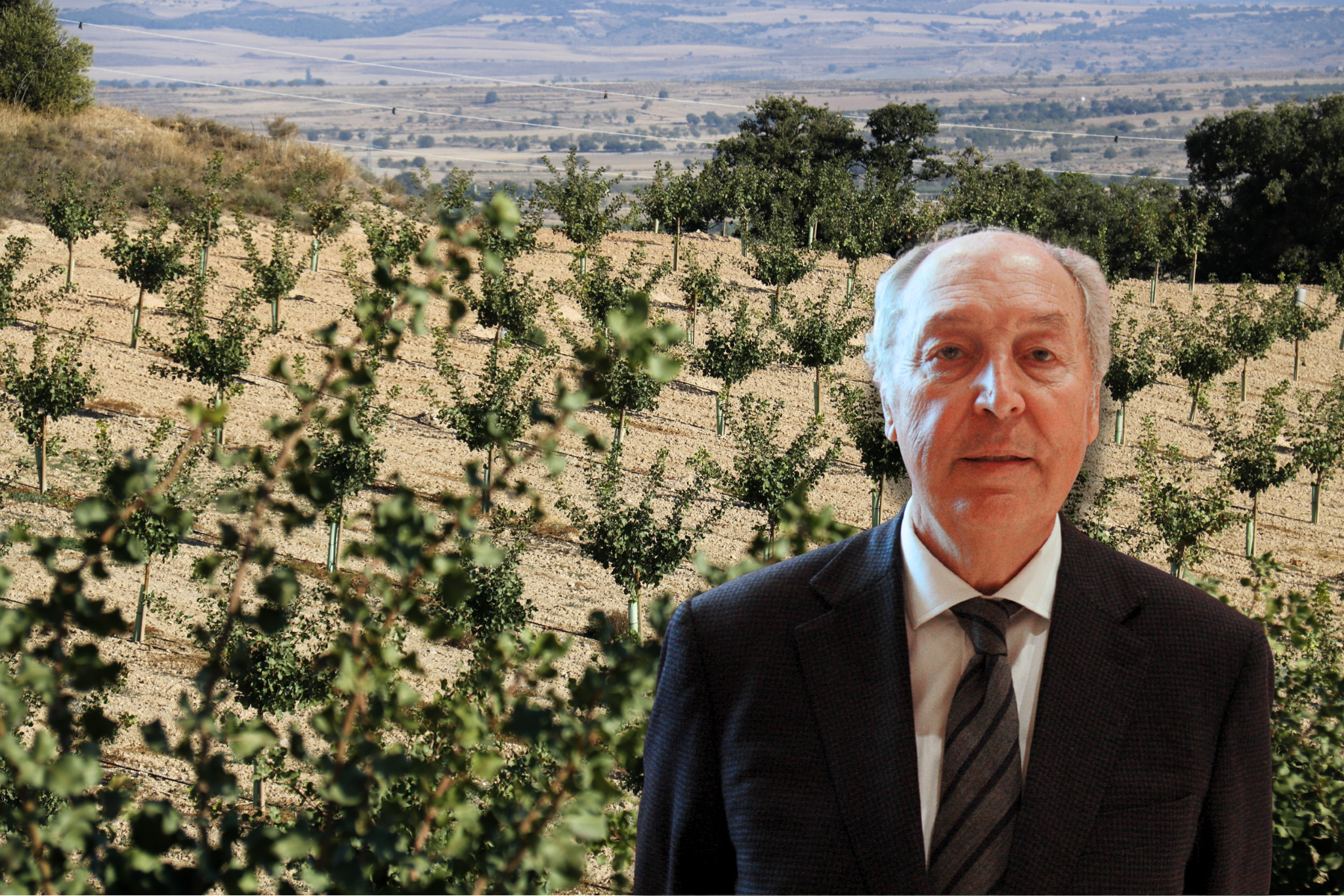Josep Pont (Borges) con los terrenos del Mas de Colom de fondo | Fotos: ACN / Creatividad de VIA Empresa