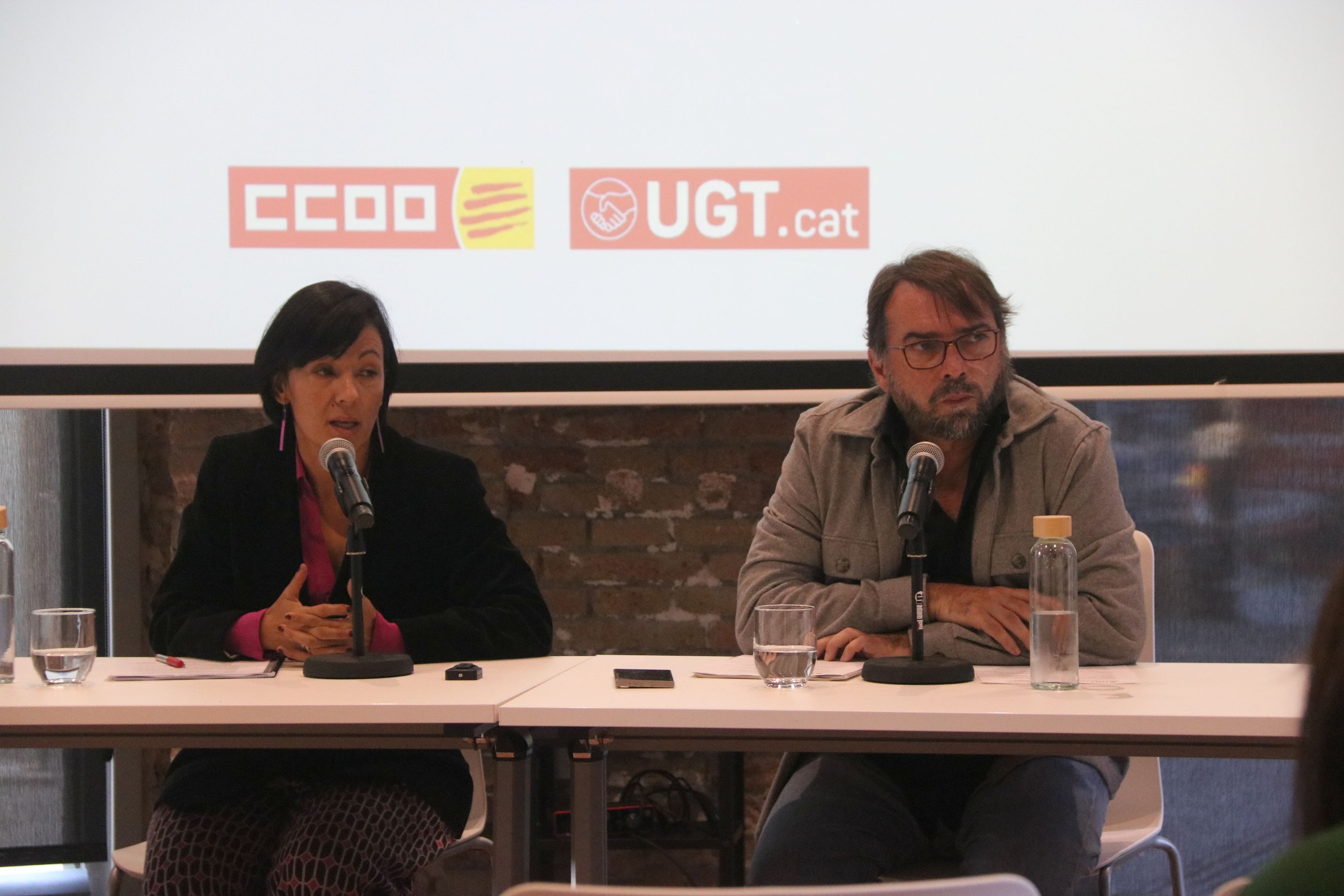 La secretària general de CCOO, Belén López, i el secretari general d'UGT, Camil Ros | Maria Asmarat (ACN)