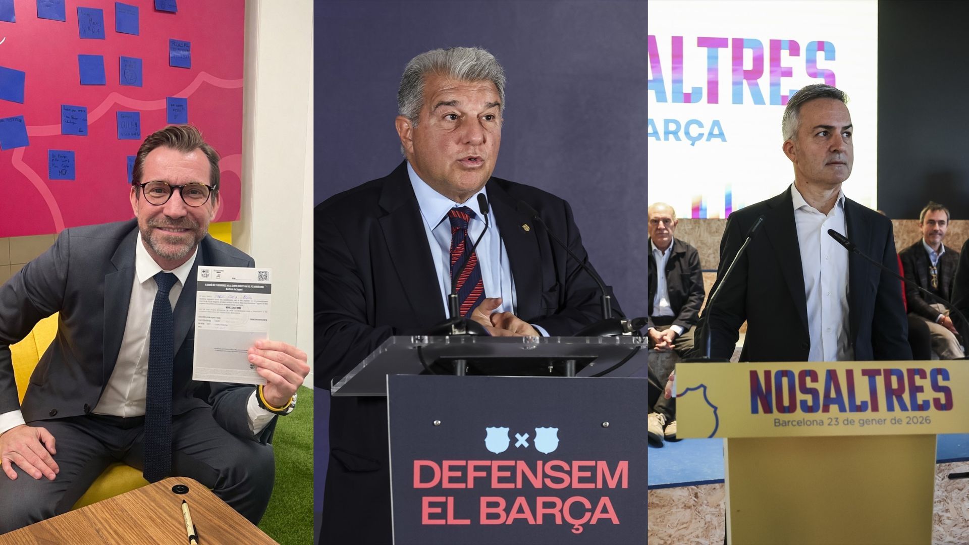 De izquierda a derecha: Marc Ciria, Joan Laporta y Víctor Font, tres candidatos a la presidencia del Barça | Europa Press y cuenta personal de Marc Ciria en X