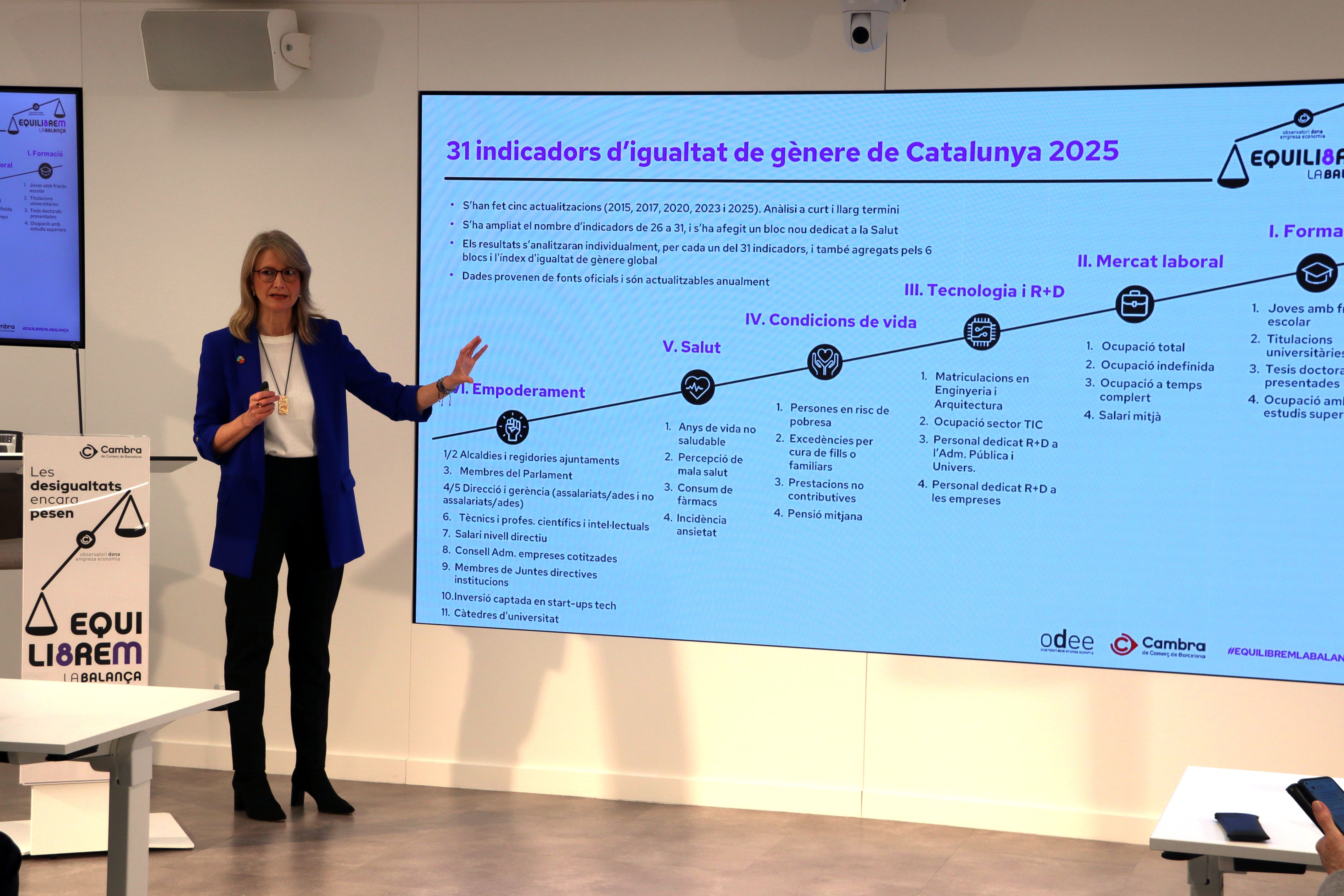 La directora de l'Observatori, Dona, Empresa i Economia (ODEE) de la Cambra de Comerç, Carme Poveda, durant la presentació de l'informe 'Indicadors d'igualtat de gènere 2025' | Gerard Escaich Folch (ACN)
