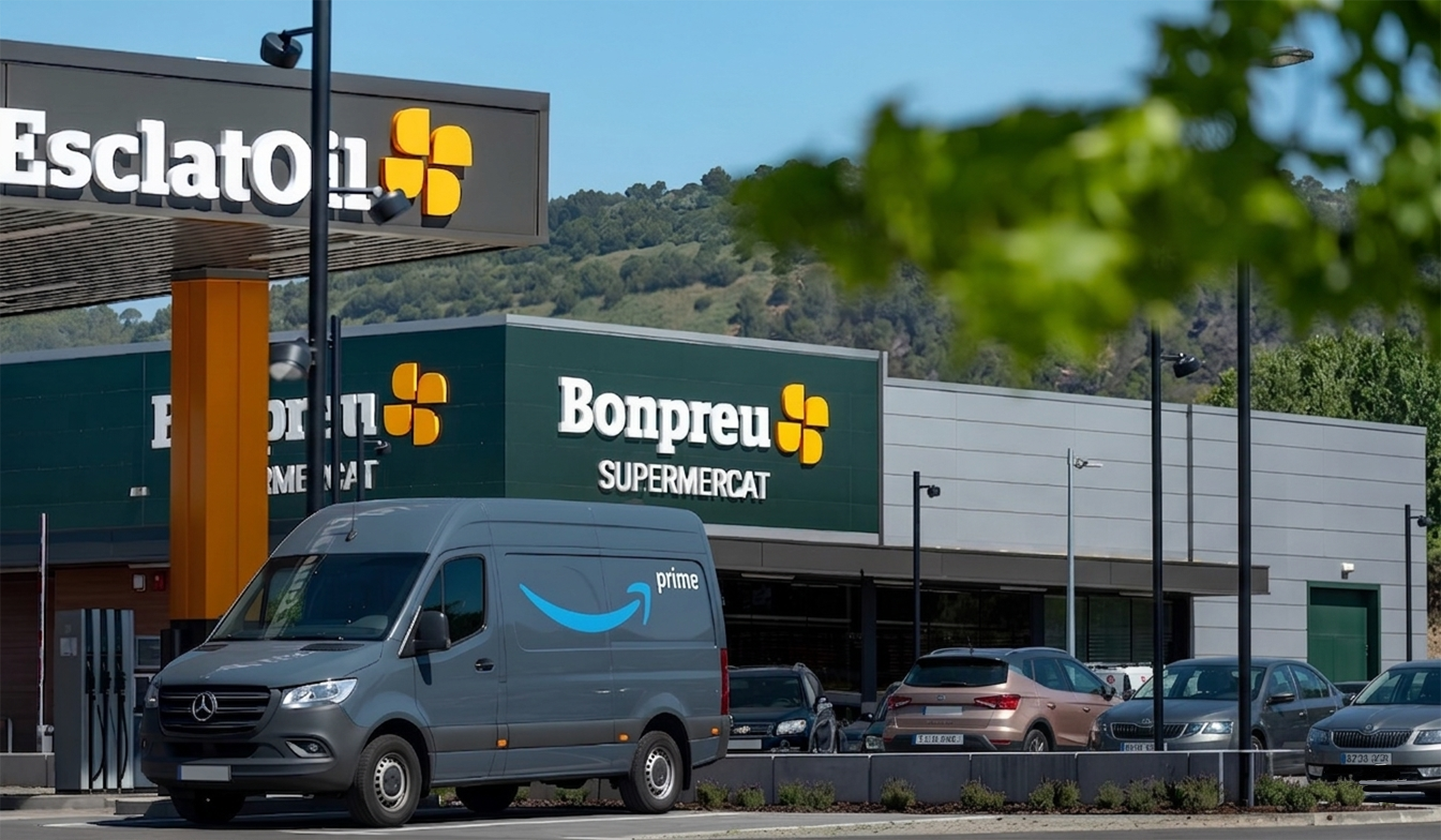Una furgoneta d’Amazon estacionada davant d’un supermercat Bon Preu | Imatge generada amb IA 