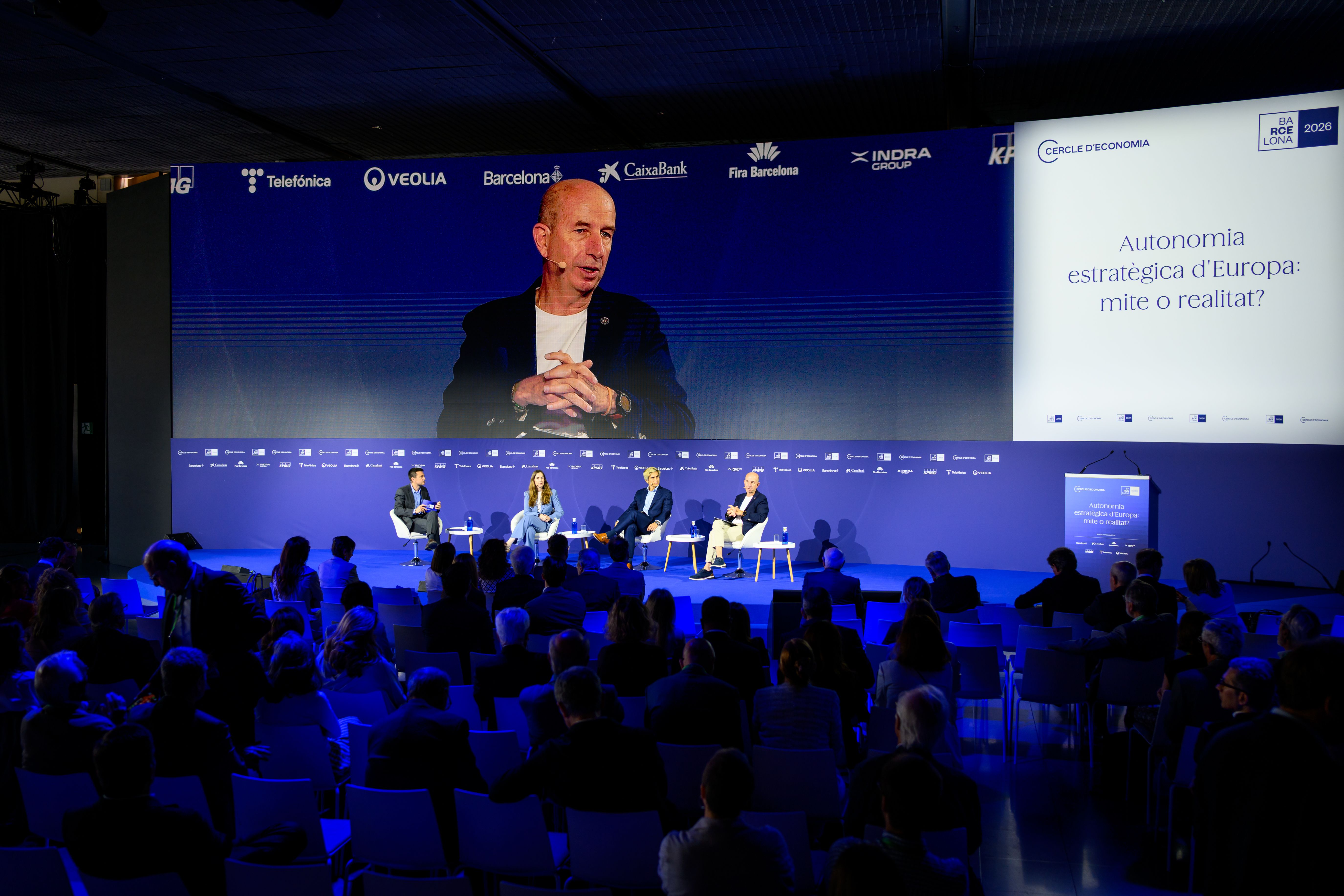 Oriol Aspachs (Cercle d'Economia), Roser Roca (Airbus), Jaume Sanpera (Sateliot) i Adrià Argemí (Pangea), a la 41a Reunió del Cercle d'Economia | Cedida