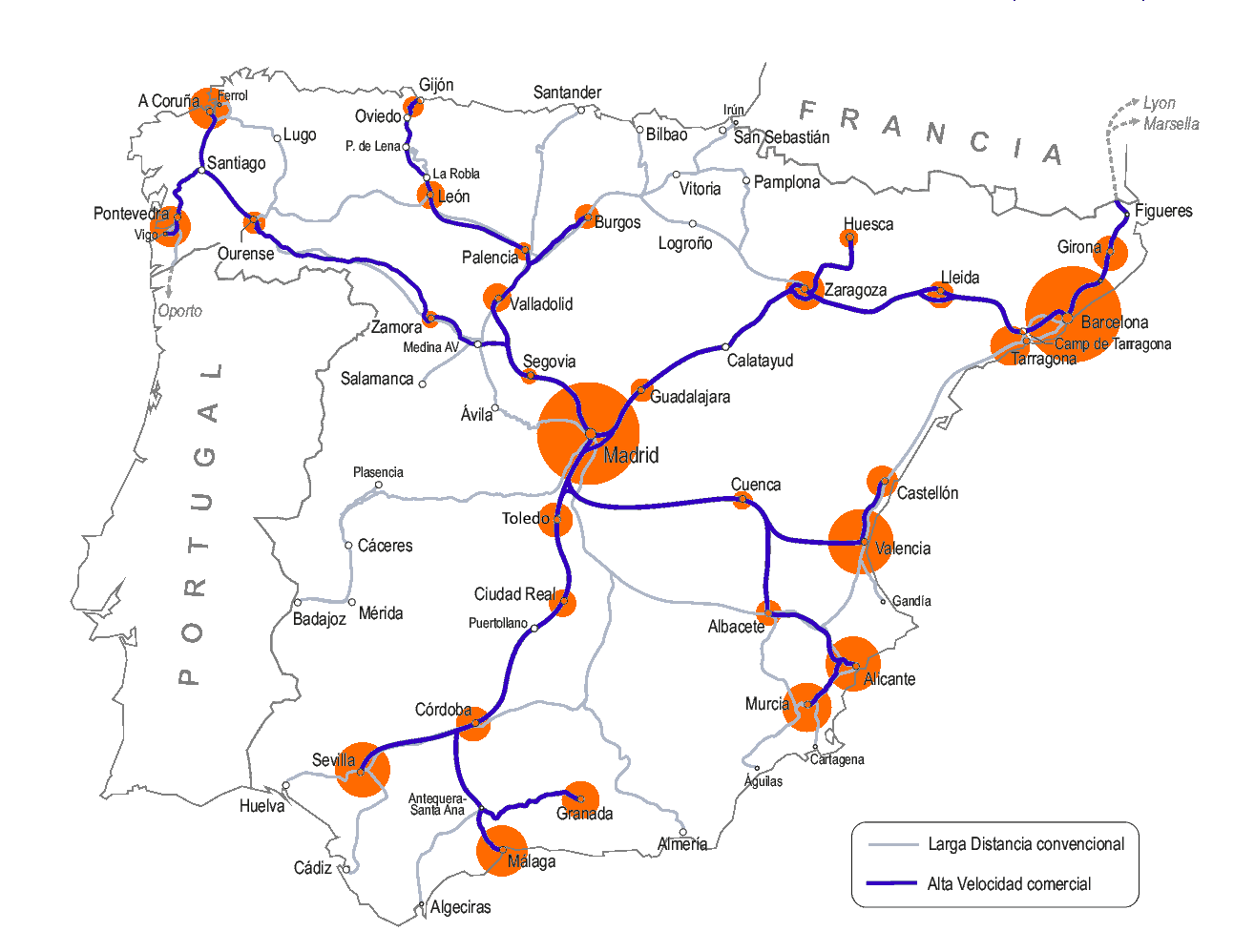 Mapa de les capitals provincials relligades per serveis comercials d’AV, amb diàmetres proporcionals a la població de la província, 2025 Mapa de les capitals provincials relligades per serveis comercials d’AV, amb diàmetres proporcionals a la població de la província, 2025