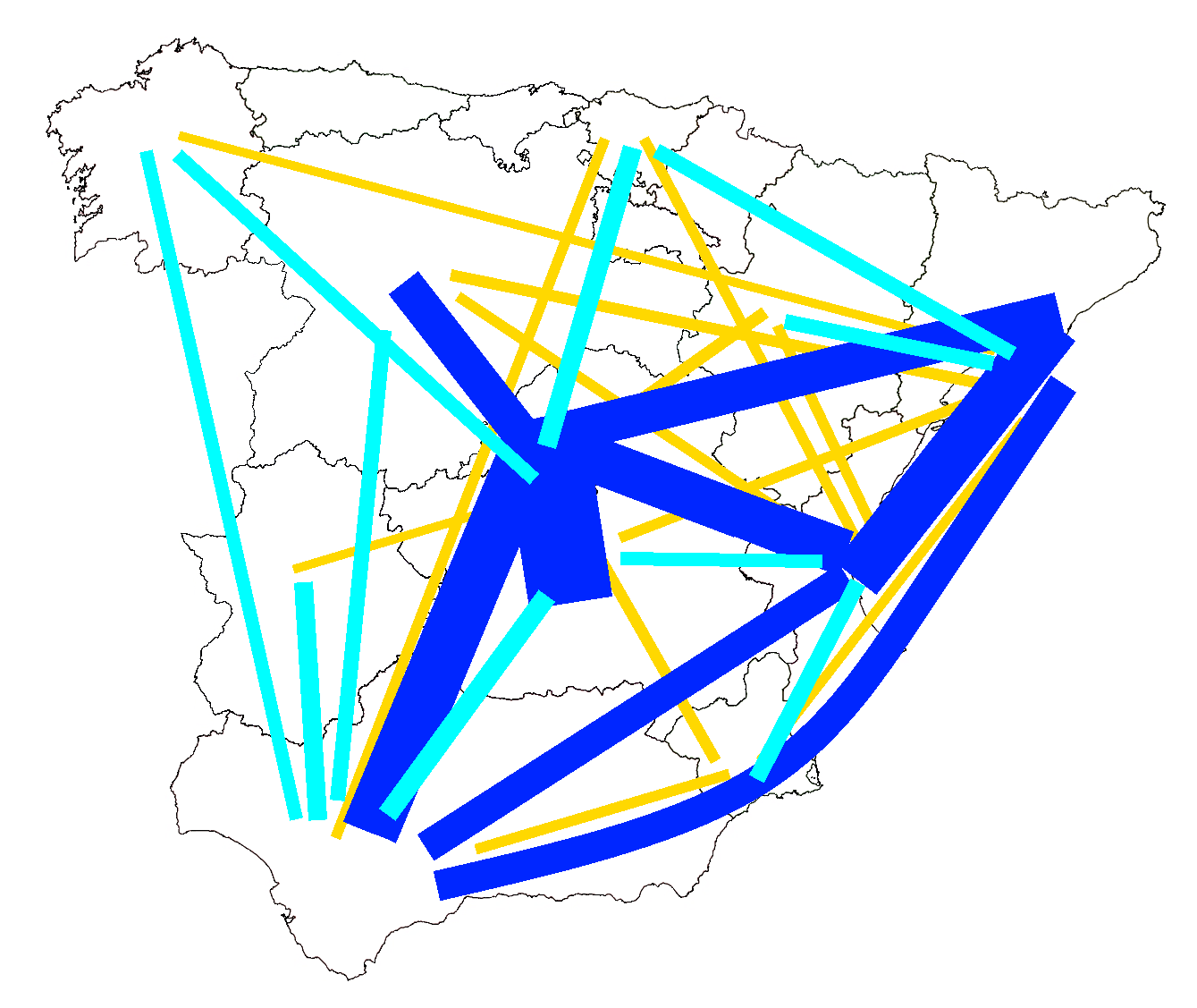 Mapa de les relacions de gravetat entre CCAA, dibuixat en tres ordres de magnitud (tres colors) amb gruix proporcional al vincle. No es dibuixen les relacions inferiors al 0,75% del conjunt. Mapa de les relacions de gravetat entre CCAA, dibuixat en tres ordres de magnitud (tres colors) amb gruix proporcional al vincle. No es dibuixen les relacions inferiors al 0,75% del conjunt.
