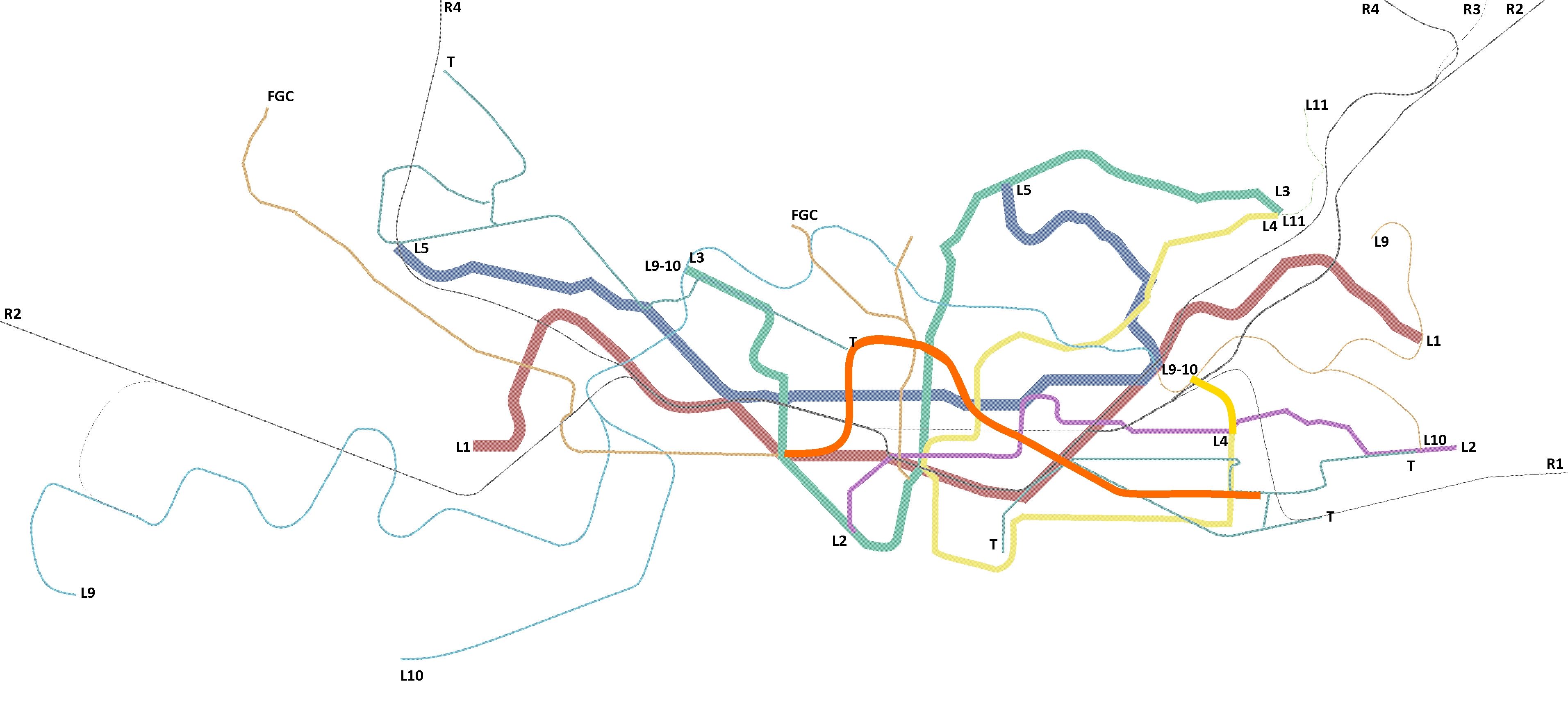 Mapa de les línies d’ampliació intensiva L8 i L4. El seu gruix només és a efectes de la visualització | Manel Larrosa Mapa de les línies d’ampliació intensiva L8 i L4. El seu gruix només és a efectes de la visualització | Manel Larrosa