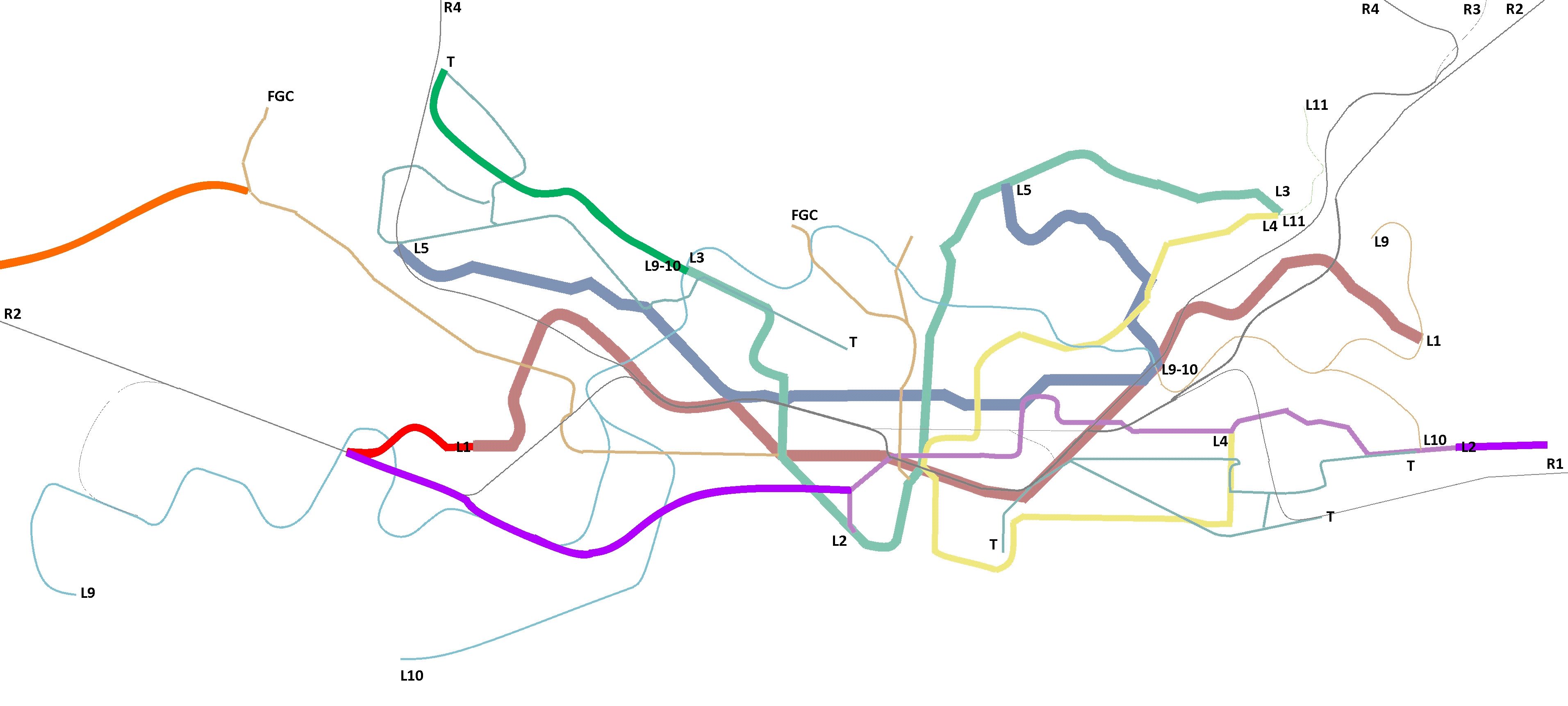 Mapa amb les línies d’ampliació extensiva L8, L2 i L3. El seu gruix només és a efectes de la visualització | Manel Larrosa Mapa amb les línies d’ampliació extensiva L8, L2 i L3. El seu gruix només és a efectes de la visualització | Manel Larrosa