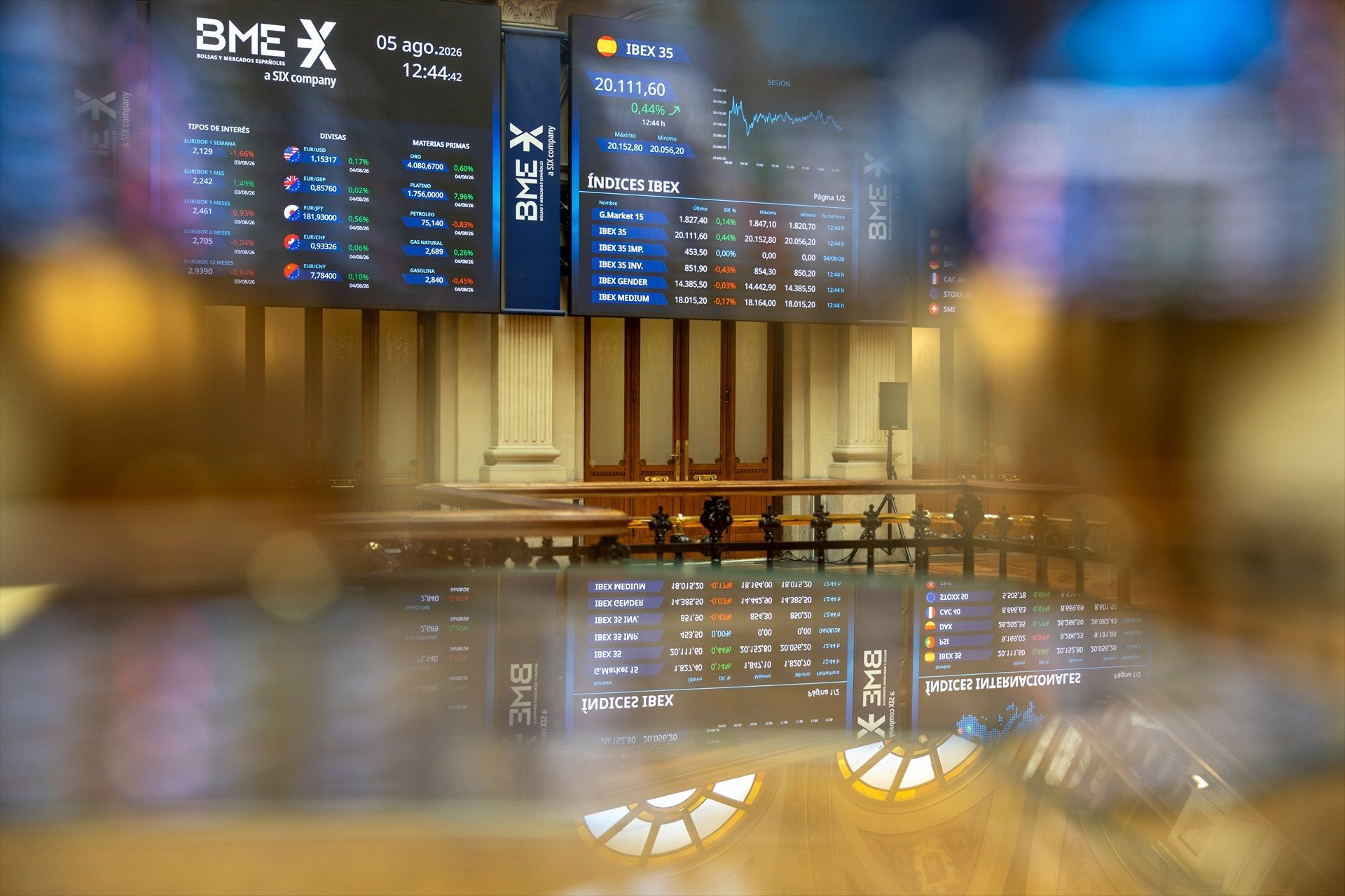 Una pantalla mostra les dades de l'Ibex-35 al Palau de la Borsa de Madrid, el 5 d'agost de 2026 | Ricardo Rubio (EuropaPress)