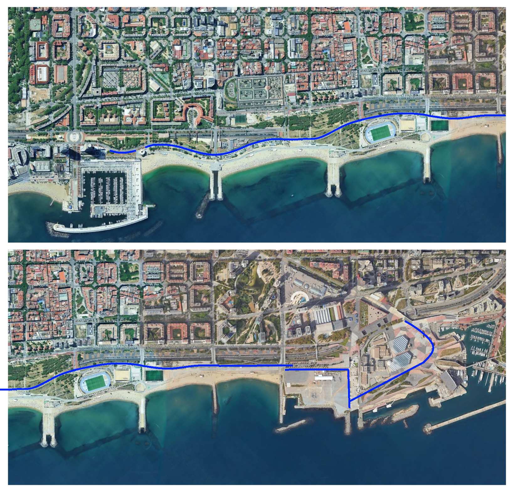 La façana marítima del Poble Nou en dos trams: a dalt, des del Port Olímpic al Complex esportiu de la Mar Bella i, a baix, des d’aquest Complex al Fòrum. En blau, la gran edificació ondulada proposada, com un enorme Crescent anglès (Londres, Bath...), i de nit veuríem uns centenars de finestres enceses fent pampallugues | Manel Larrosa La façana marítima del Poble Nou en dos trams: a dalt, des del Port Olímpic al Complex esportiu de la Mar Bella i, a baix, des d’aquest Complex al Fòrum. En blau, la gran edificació ondulada proposada, com un enorme Crescent anglès (Londres, Bath...), i de nit veuríem uns centenars de finestres enceses fent pampallugues | Manel Larrosa