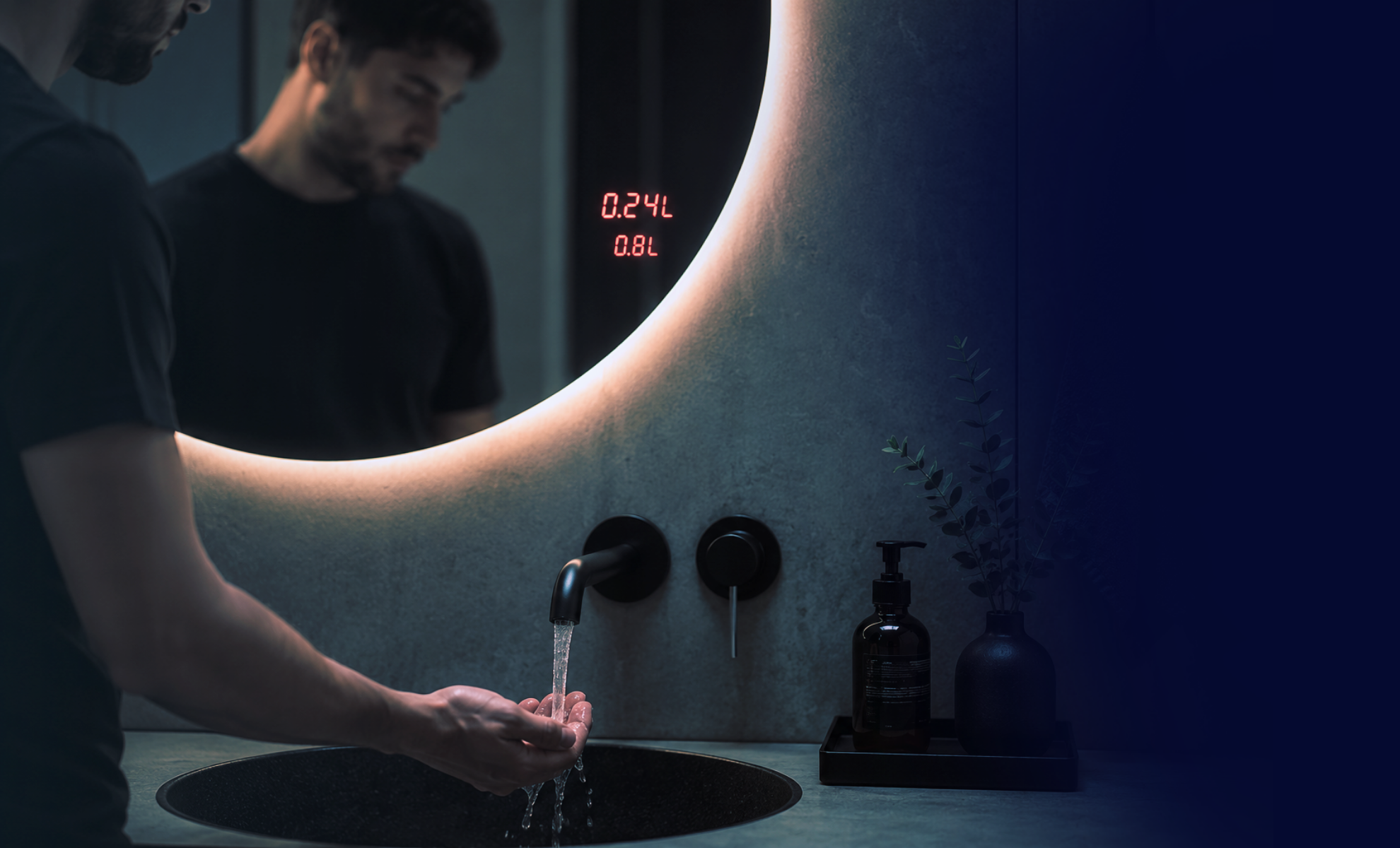 Defcon8 mostra, de manera minimalista, el consum en directe i l'acumulat d'aigua d'un lavabo als miralls de les piques | Cedida