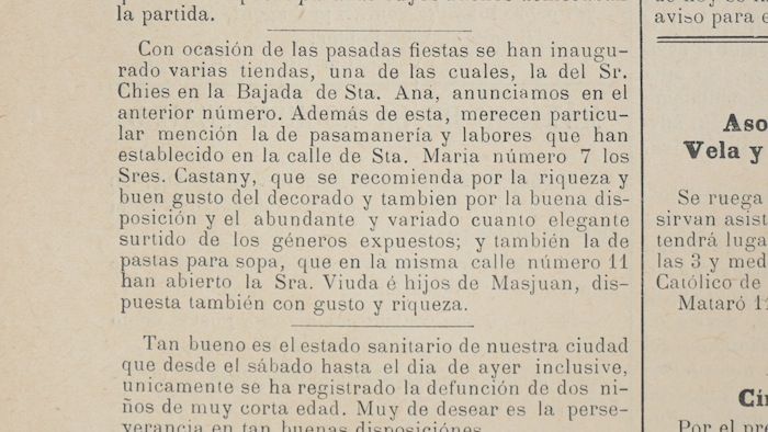 Anunci obertura al Semanario de Mataró (1892)