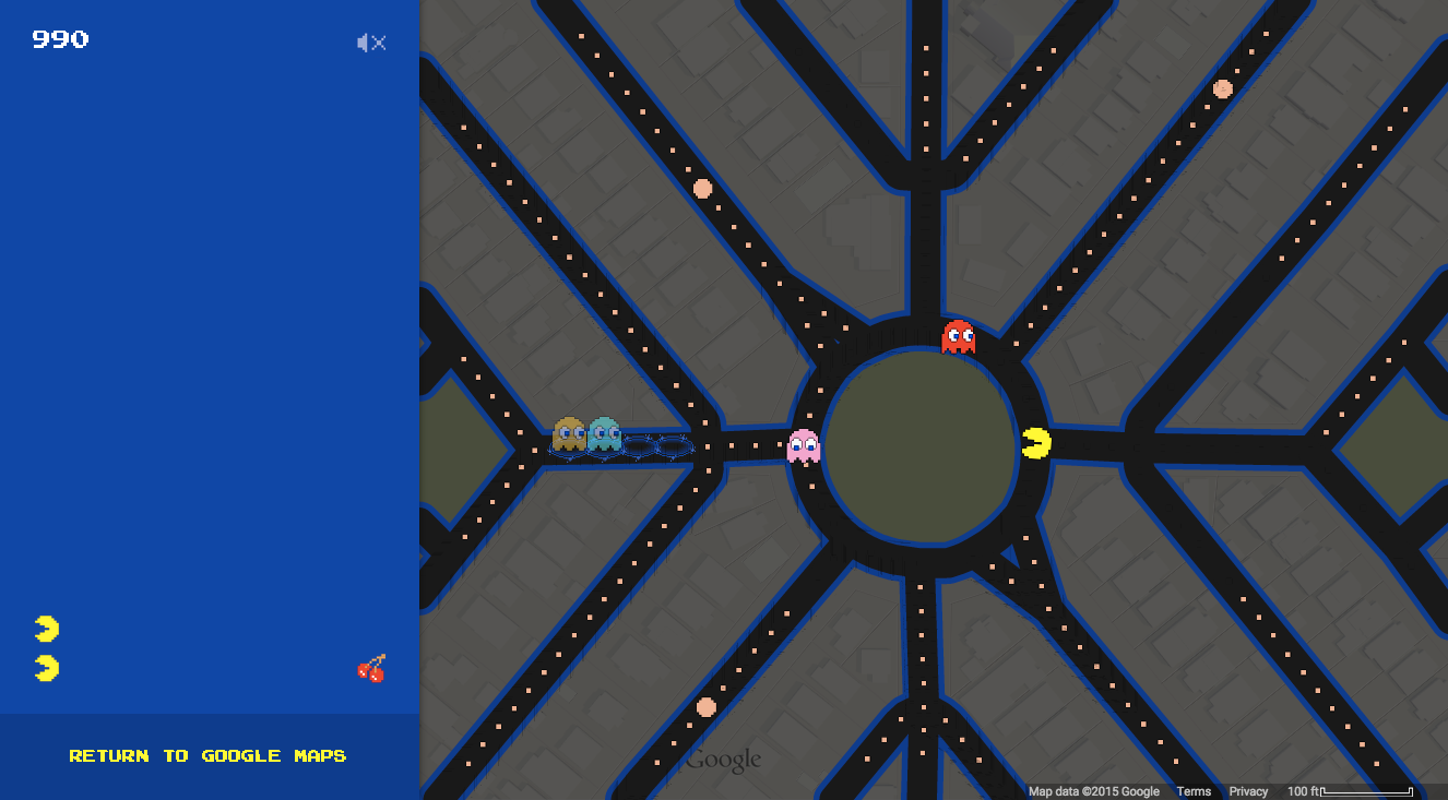 Pac-Man persigue fantasmas a Google Maps Pac-Man persigue fantasmas a Google Maps